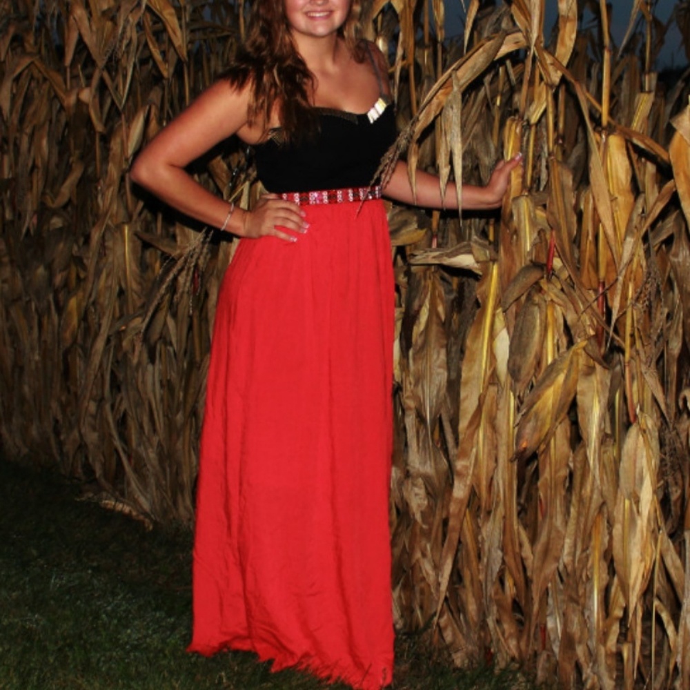 Black and red strapless maxi dress